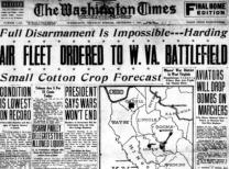 President Harding sends the U.S. military air fleet to West Virginia to drop bombs on the miners. The first and only time the U.S. military has bombed U.S. citizens.